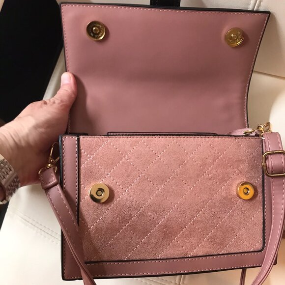 Pink Faux Suede and Faux Leather Crossbody Bag Purse Satchel with Top Handle - Picture 6 of 9